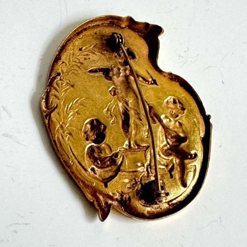 Vintage Cherub Brooch Art Nouveau Style Gold Plated Angel Pin Estate‎ Piece